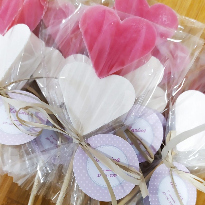 Jabones de rosa y coco en piruleta para regalar en eventos