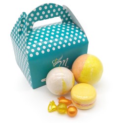 Caja regalo amarilla bombas de baño, macabomb y perlas